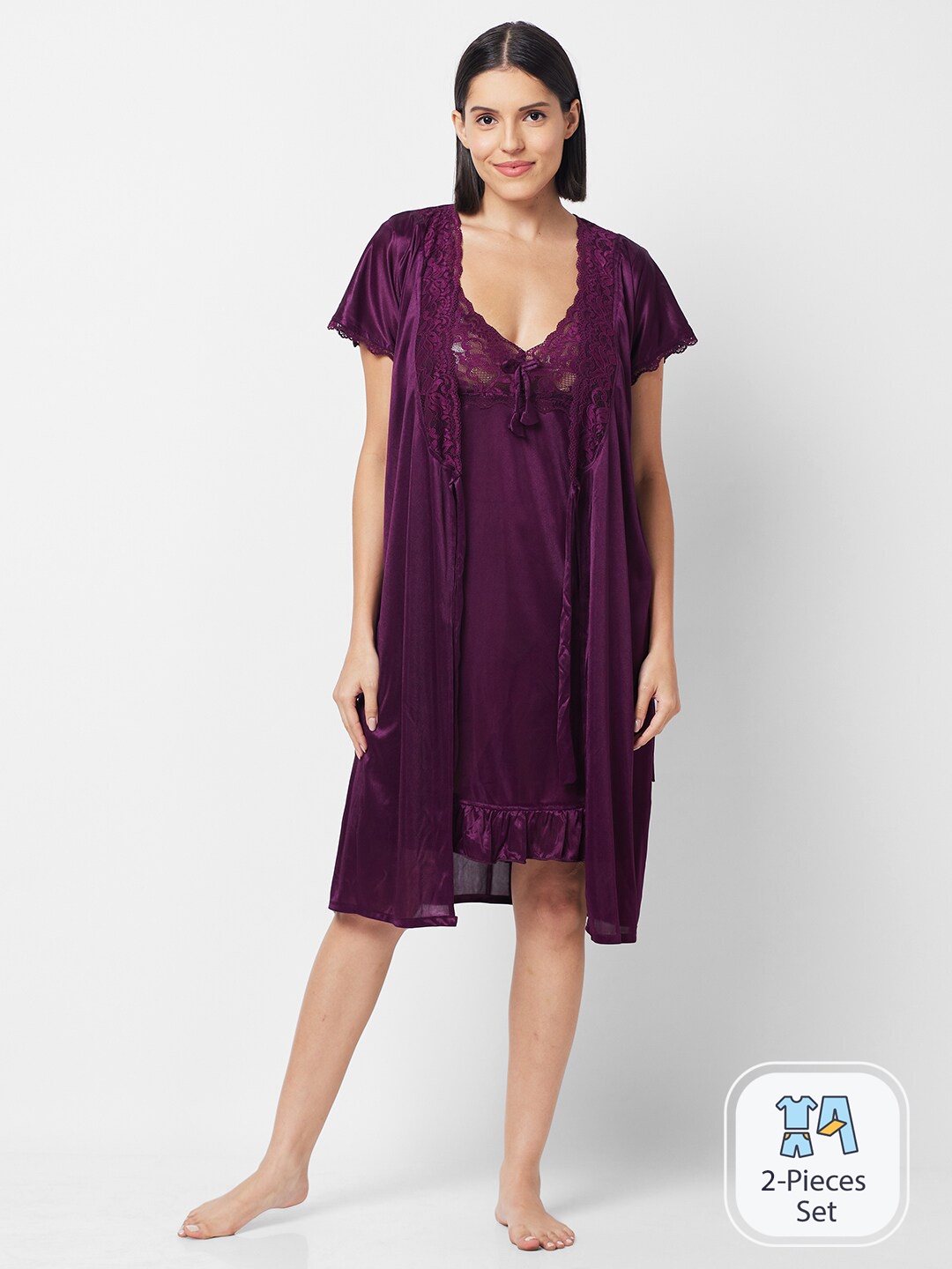 

FashionRack Shoulder Straps Satin Nightdress With Robe, Purple