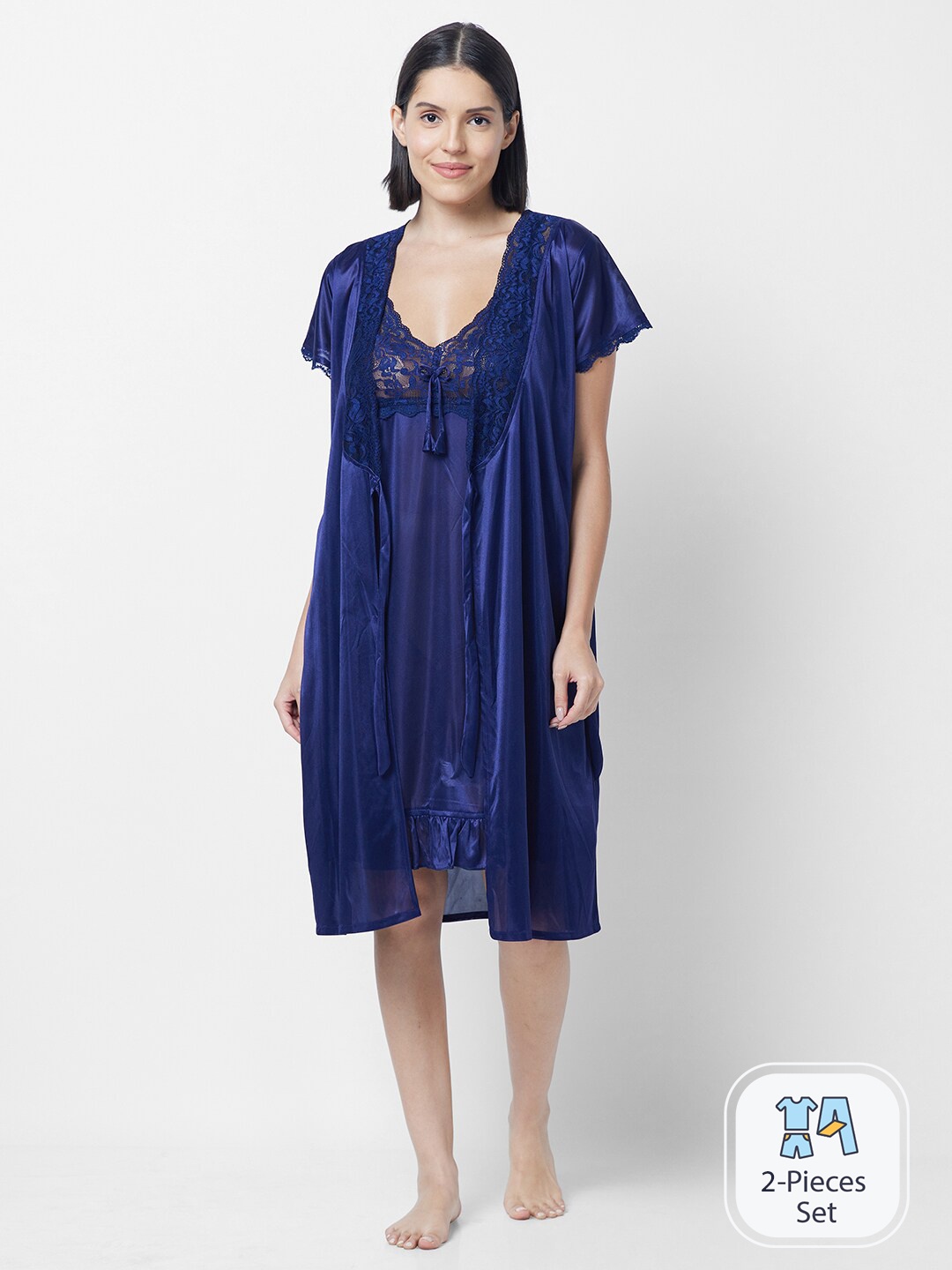 

FashionRack Shoulder Straps Satin Nightdress With Robe, Navy blue