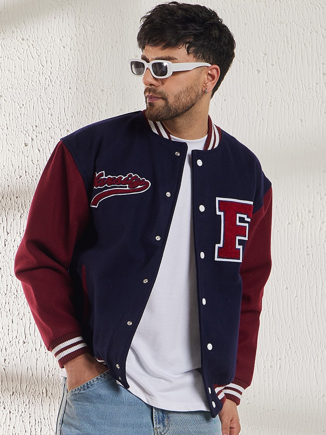 

FUGAZEE Stand Collar Woollen Bomber Jacket, Navy blue