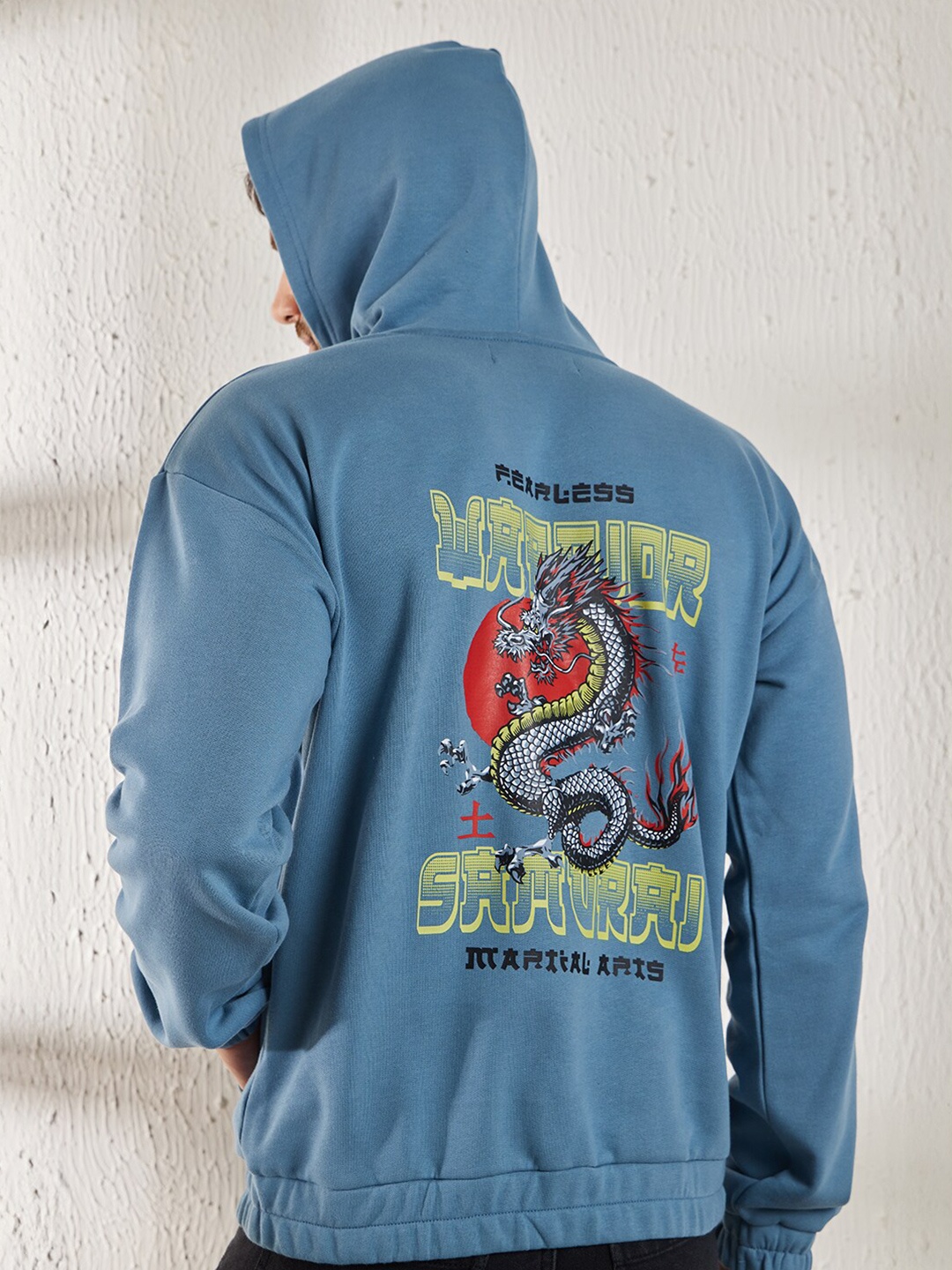 

FUGAZEE Blue Graphic Printed Hooded Oversized Sweatshirt