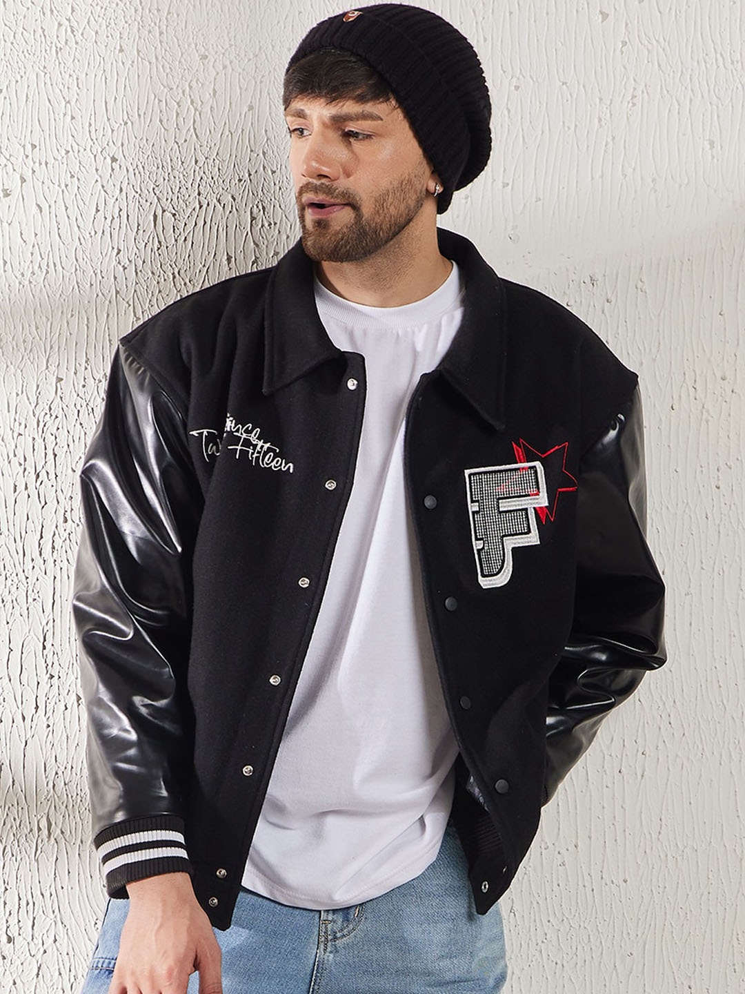 

FUGAZEE Black Graphic Printed Woollen Bomber Jacket