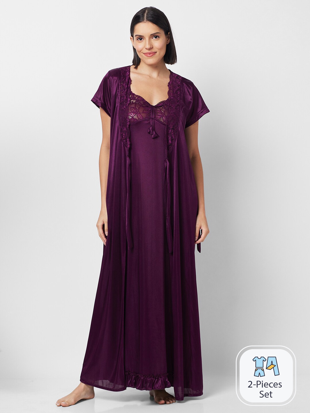 

FashionRack Shoulder Straps Satin Maxi Nightdress With Robe, Purple