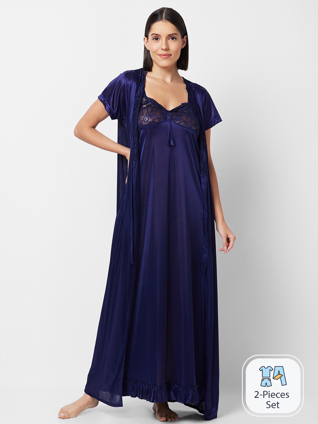 

FashionRack Shoulder Straps Satin Maxi Nightdress With Robe, Navy blue