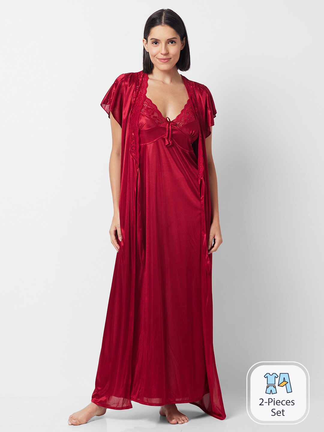 

FashionRack Shoulder Straps Satin Maxi Nightdress With Robe, Maroon