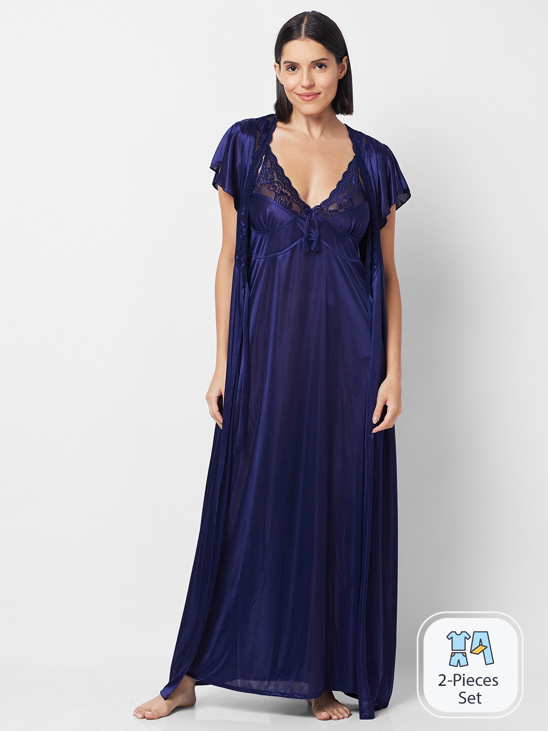 

FashionRack Lace Shoulder Strap Satin 2 Piece Wrap Nightdress, Navy blue