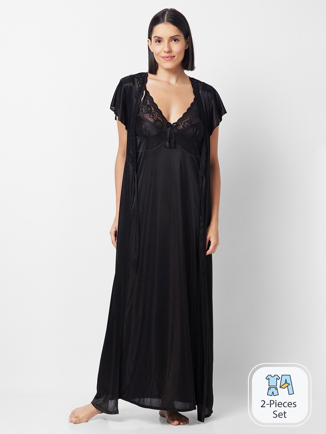 

FashionRack Shoulder Straps Satin Maxi Nightdress With Robe, Black