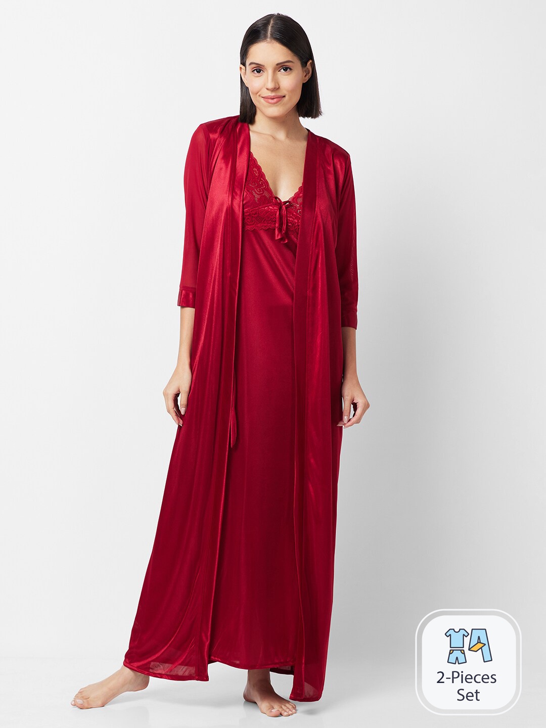 

FashionRack Shoulder Straps Satin Maxi Nightdress With Robe, Maroon