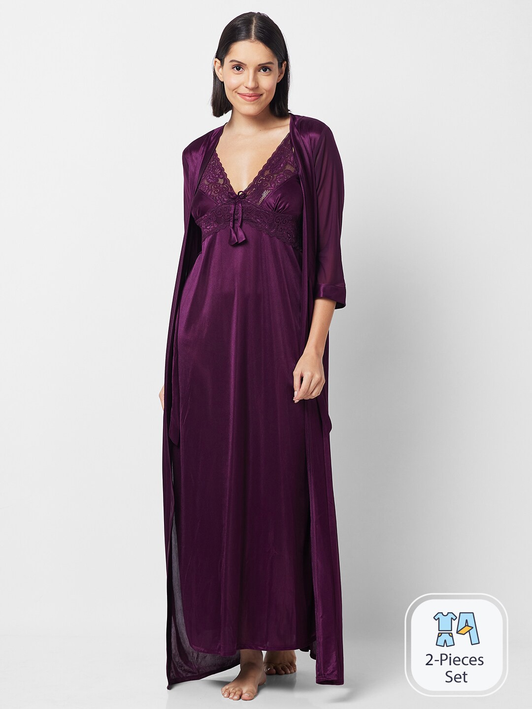 

FashionRack Shoulder Straps Satin Nightdress With Robe, Purple