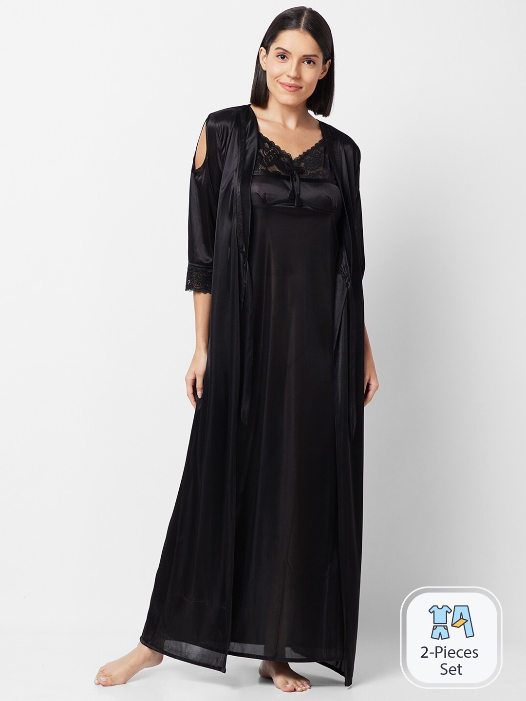 

FashionRack Shoulder Straps Satin Nightdress With Robe, Black