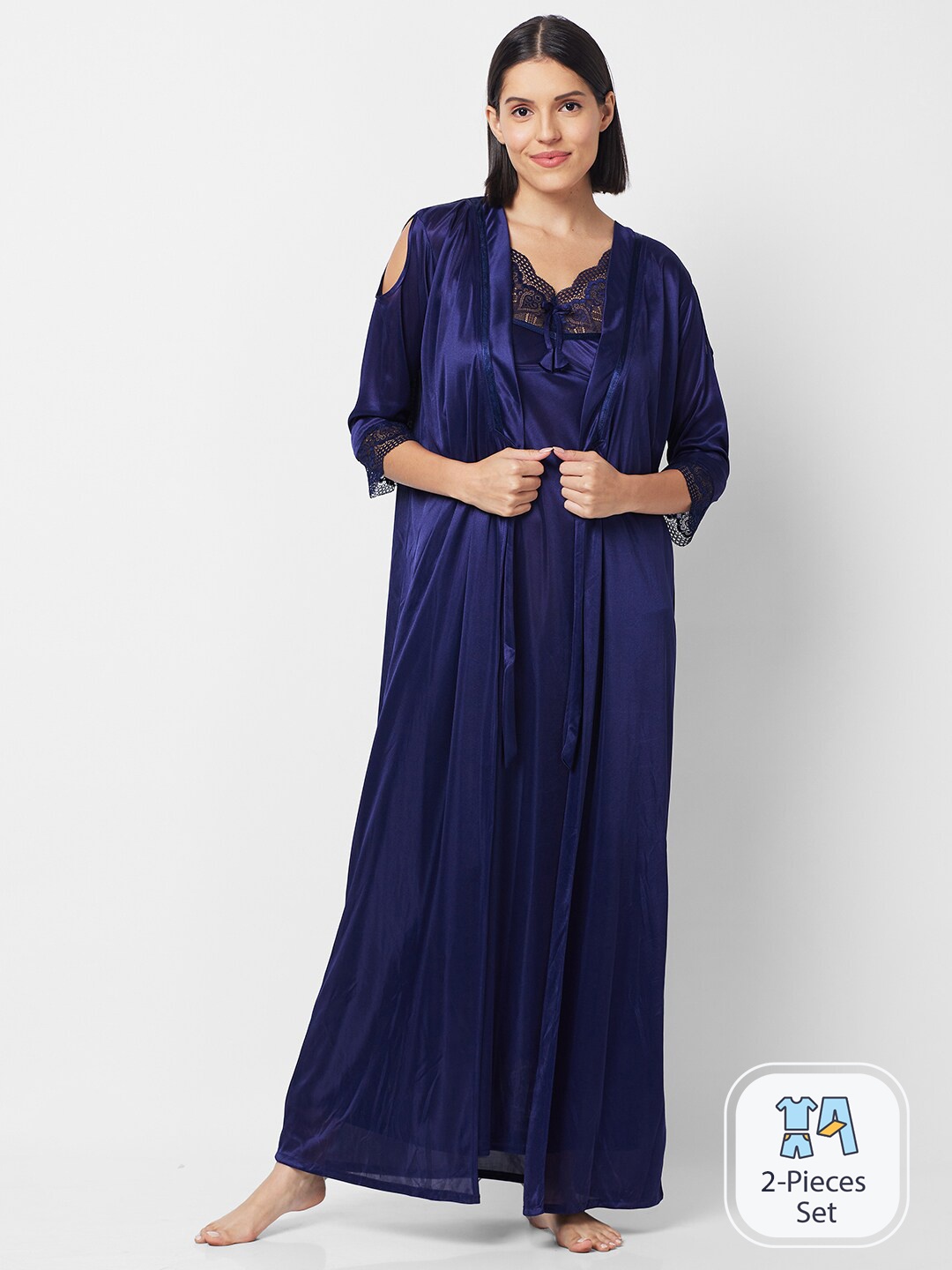 

FashionRack Shoulder Straps Satin Nightdress With Robe, Navy blue