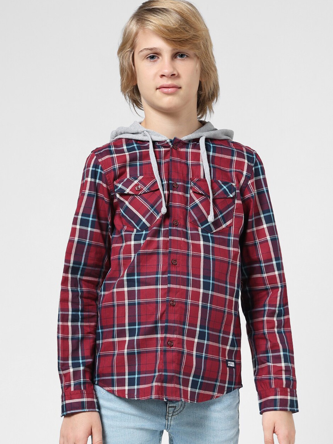 

Jack & Jones Junior Boys Tartan Checked Hooded Pure Cotton Casual Shirt, Maroon