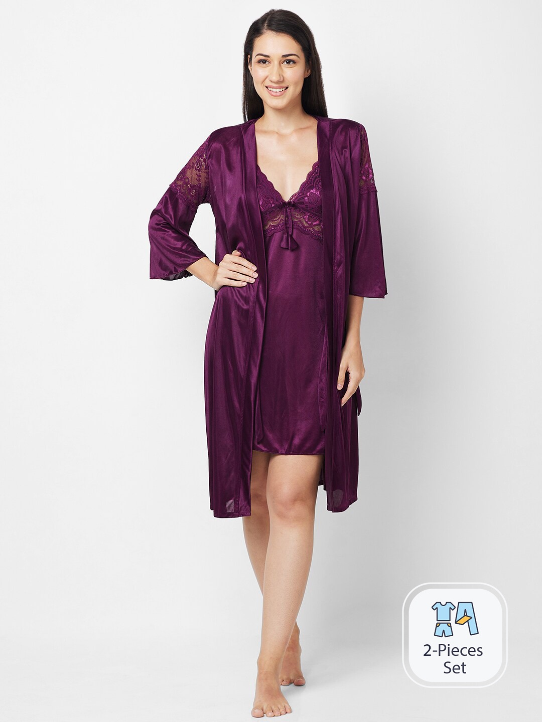 

FashionRack Lace Shoulder Strap Satin 2 Piece Wrap Nightdress, Purple