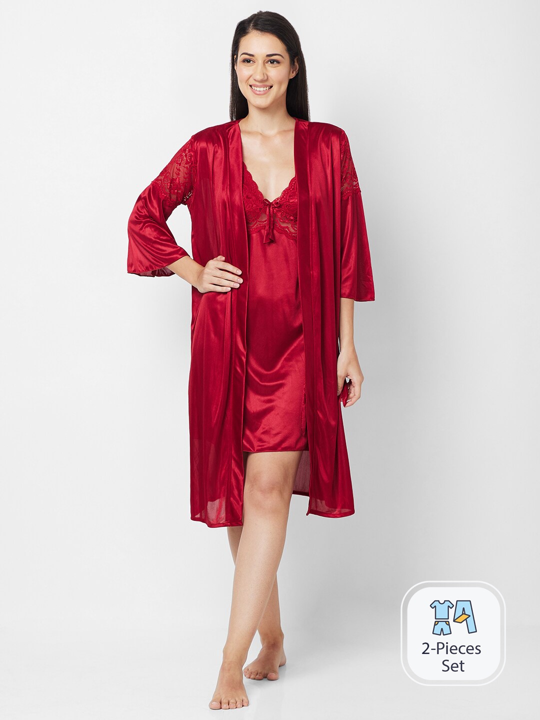 

FashionRack Shoulder Straps Satin Nightdress With Robe, Maroon