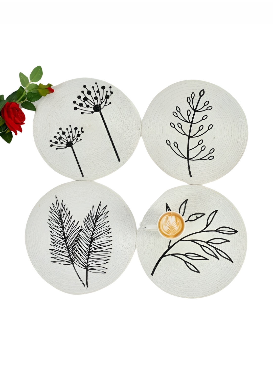 

HOMADORN White & Black 4 Pieces Floral Round Table Placemats