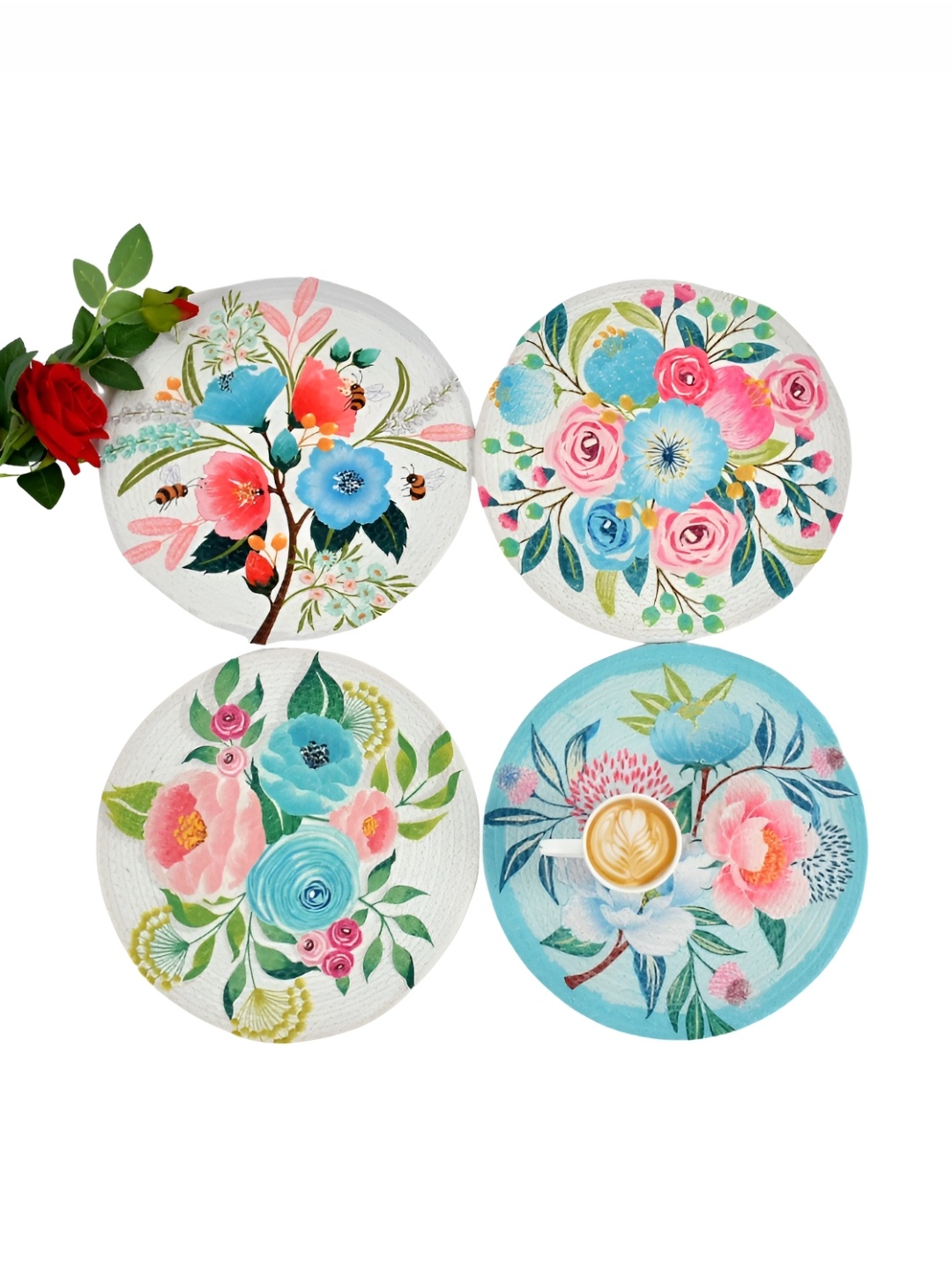 

HOMADORN Blue & White 4 Pieces Floral Round Table Placemats