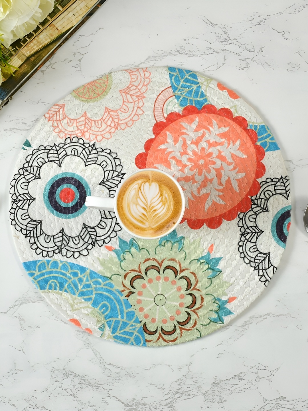 

HOMADORN White & Red Ethnic Motifs Printed Round Table Placemat