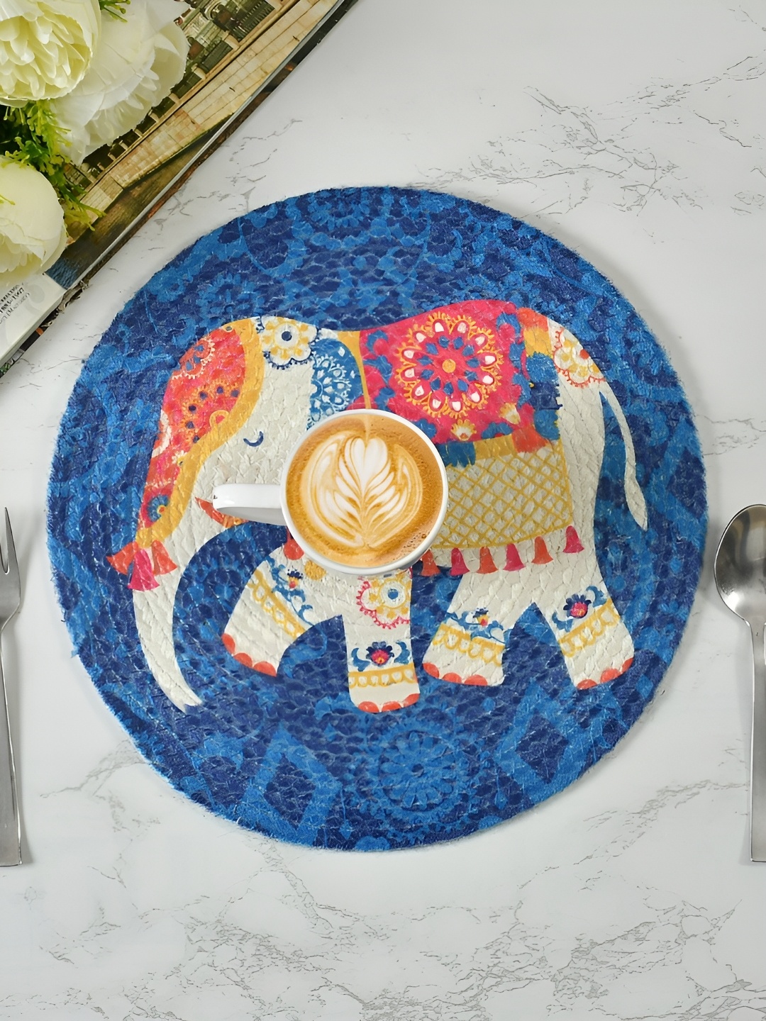 

HOMADORN Blue & Pink 4 Pieces Ethnic Motifs Printed Round Table Placemats