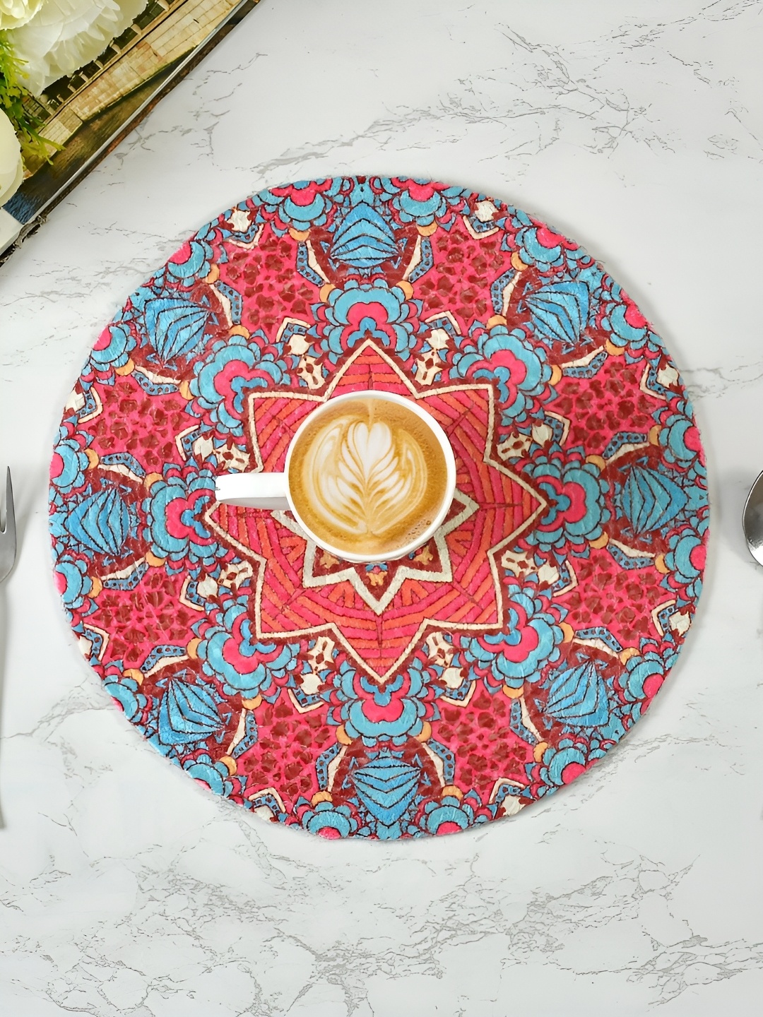 

HOMADORN Red & Blue 2 Pieces Ethnic Motifs Printed Round Table Placemats