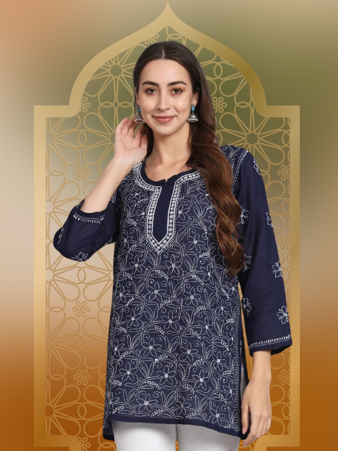 

PARAMOUNT CHIKAN Ethnic Motifs Embroidered Lucknowi Chikankari Cotton Kurti, Navy blue