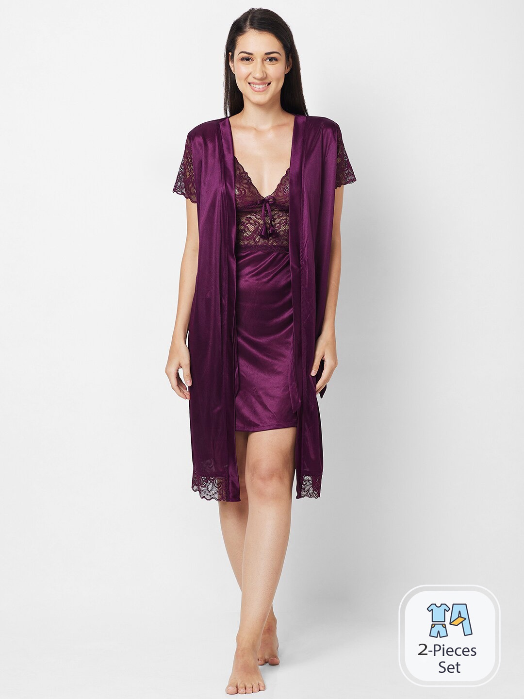 

FashionRack Shoulder Straps Satin Nightdress With Robe, Purple