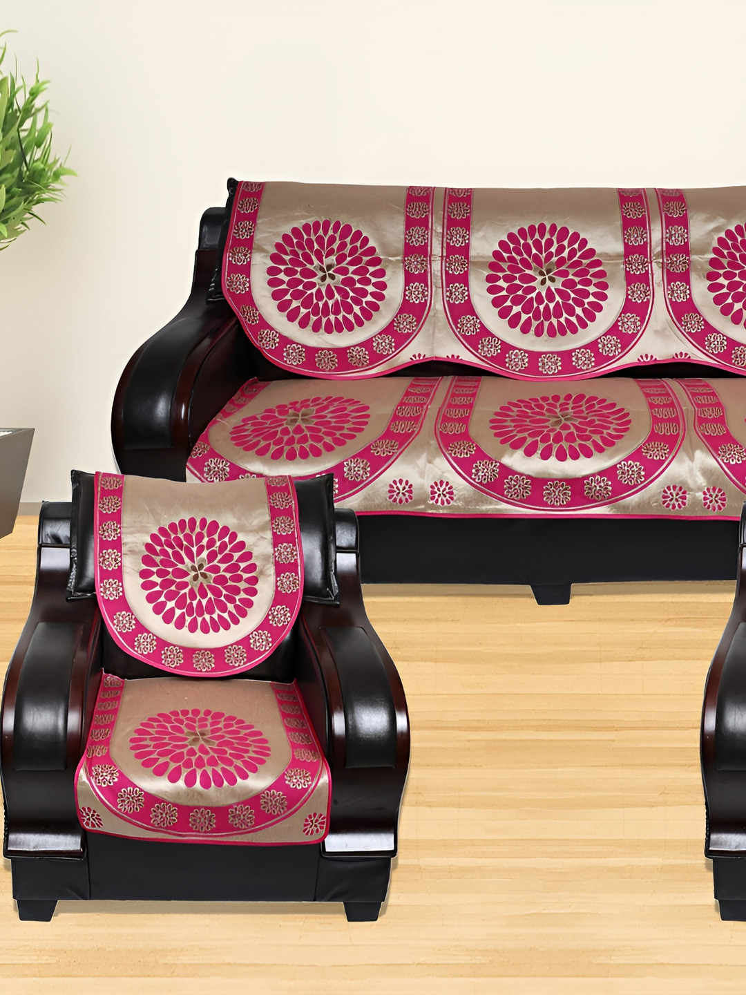 

AZOTICA Pink Cotton 6 Pieces Spring Design Sofa Covers of 5 Seater