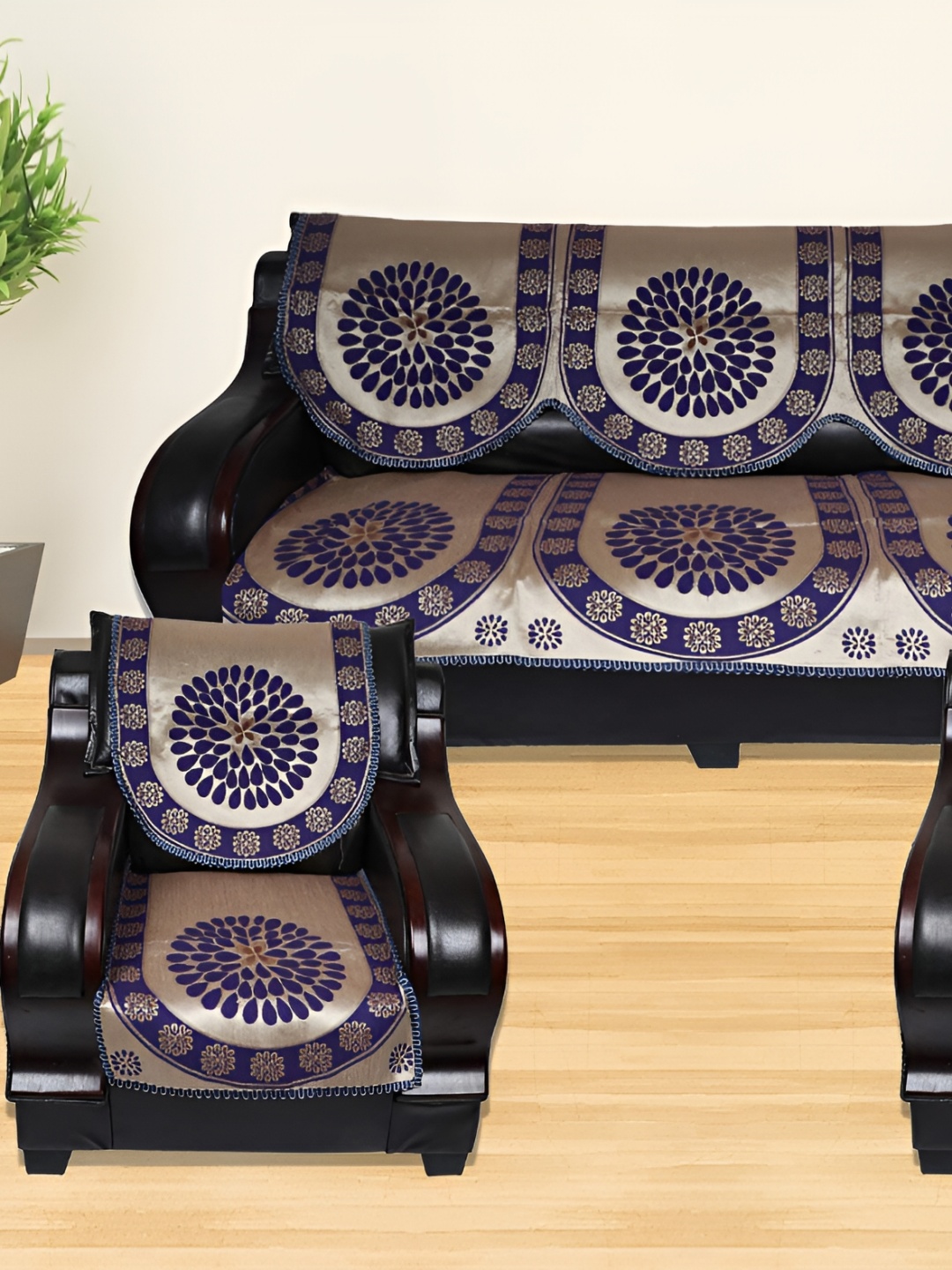 

AZOTICA Navy Blue Cotton 6 Pieces Spring Design Sofa Covers of 5 Seaters