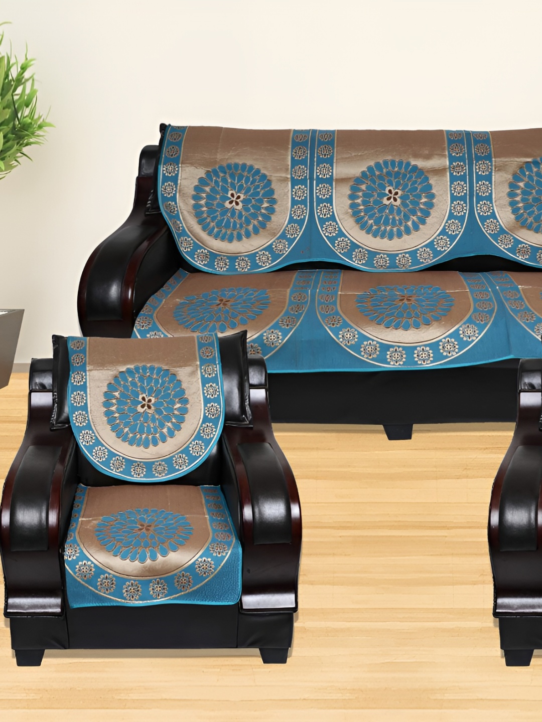 

AZOTICA Navy Blue Cotton 6 Pieces Spring Design Sofa Covers of 5 Seaters