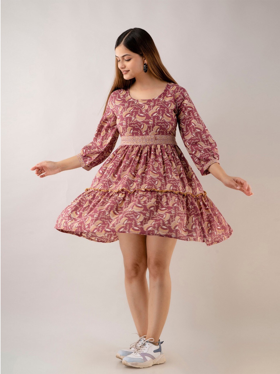

LVOVA Ethnic Motifs Printed Cotton Gathered Tiered Fit & Flare Dress, Maroon