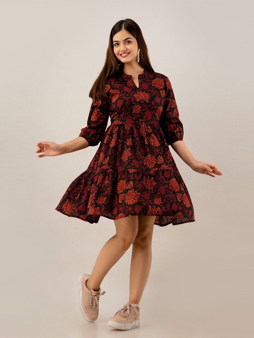 

LVOVA Floral Printed Mandarin Collar Cotton Tiered Fit & Flare Dress, Maroon