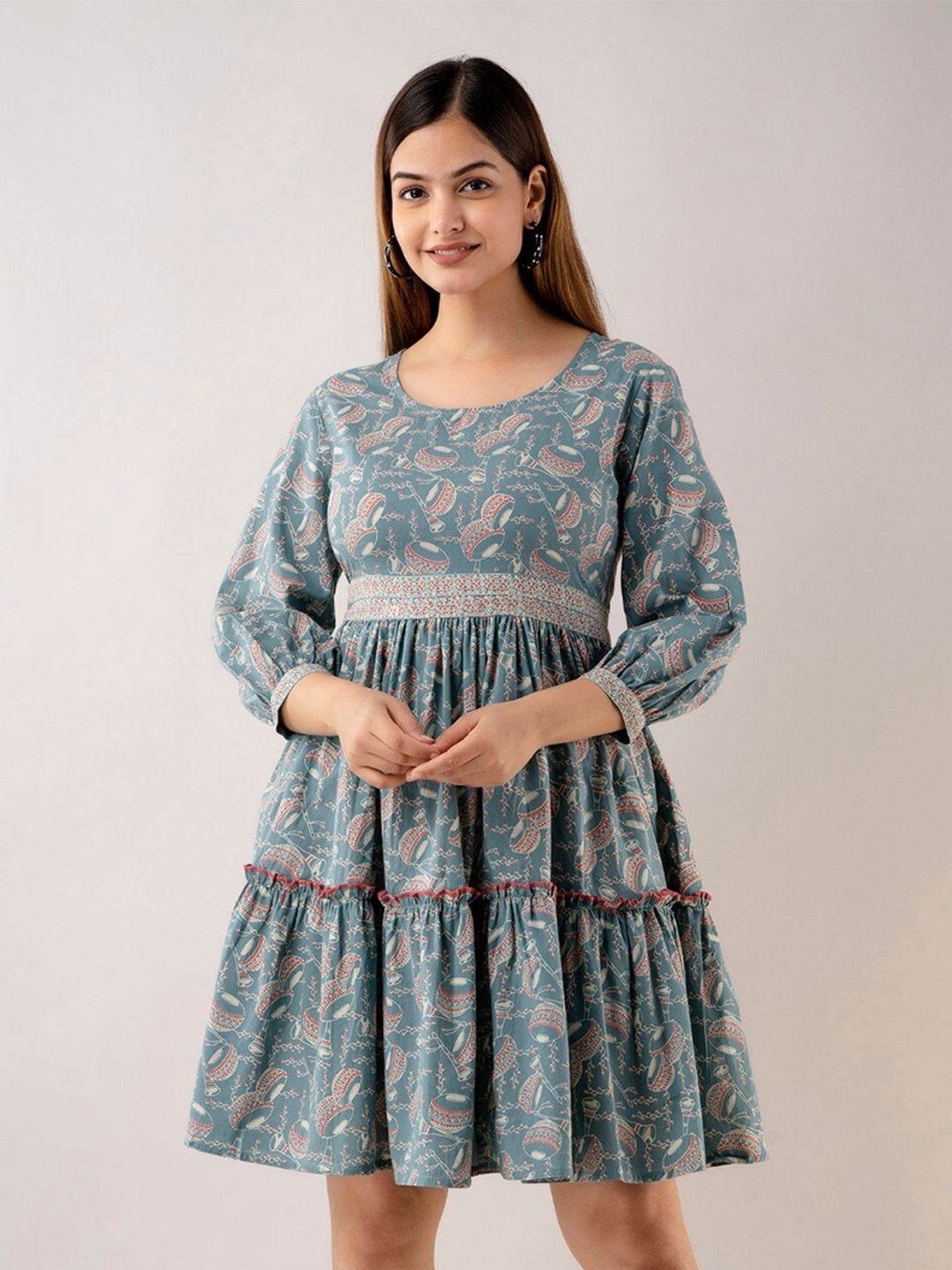 

LVOVA Ethnic Motifs Printed Puffed Sleeves Fit & Flare Dress, Blue