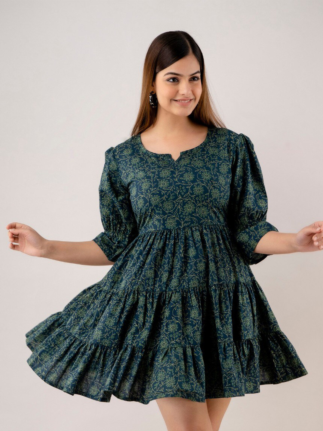 

LVOVA Floral Printed Cotton Fit & Flare Dress, Green