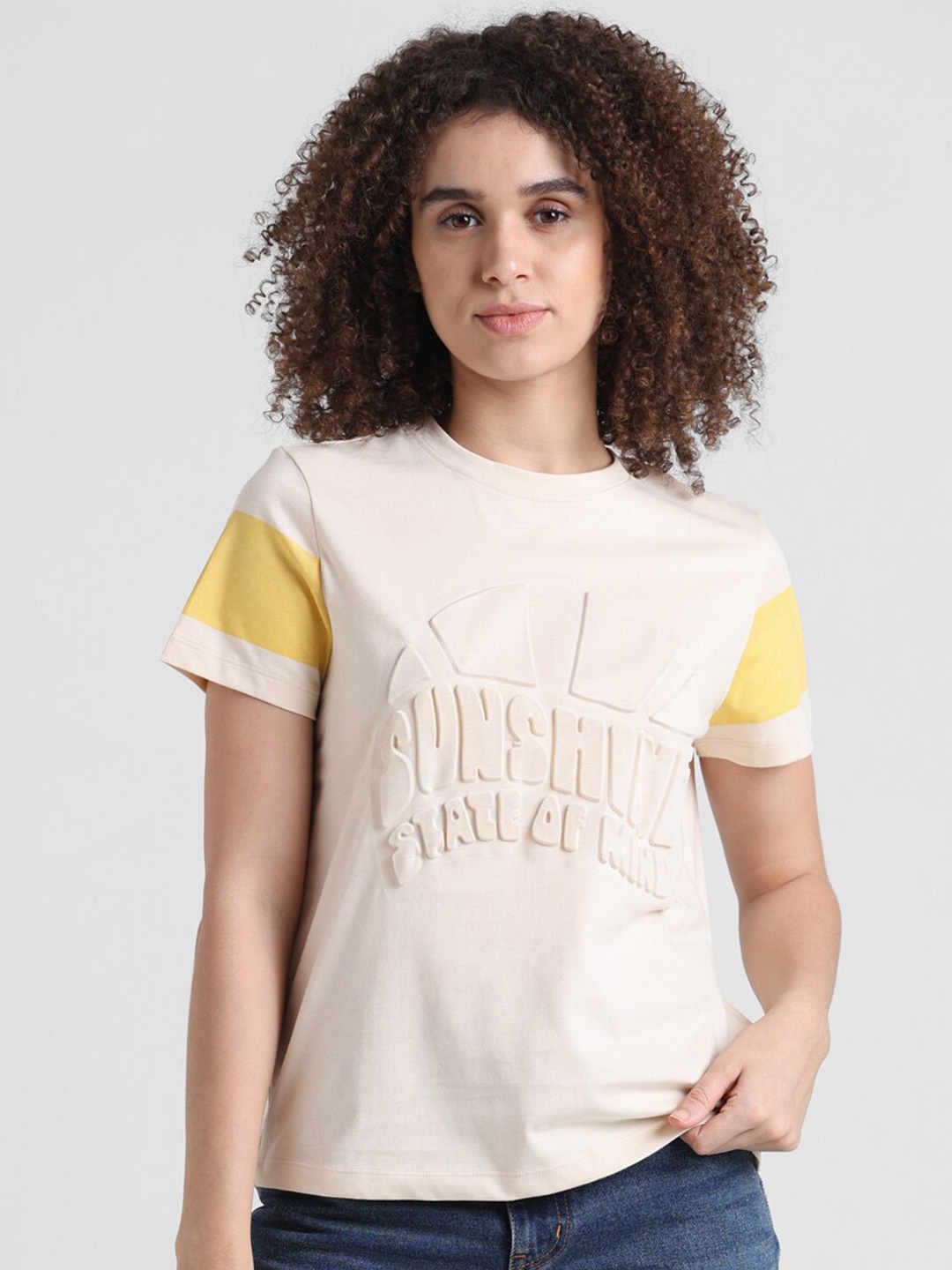 

ONLY Typography Self Design Oversized Pure Cotton T-shirt, Beige