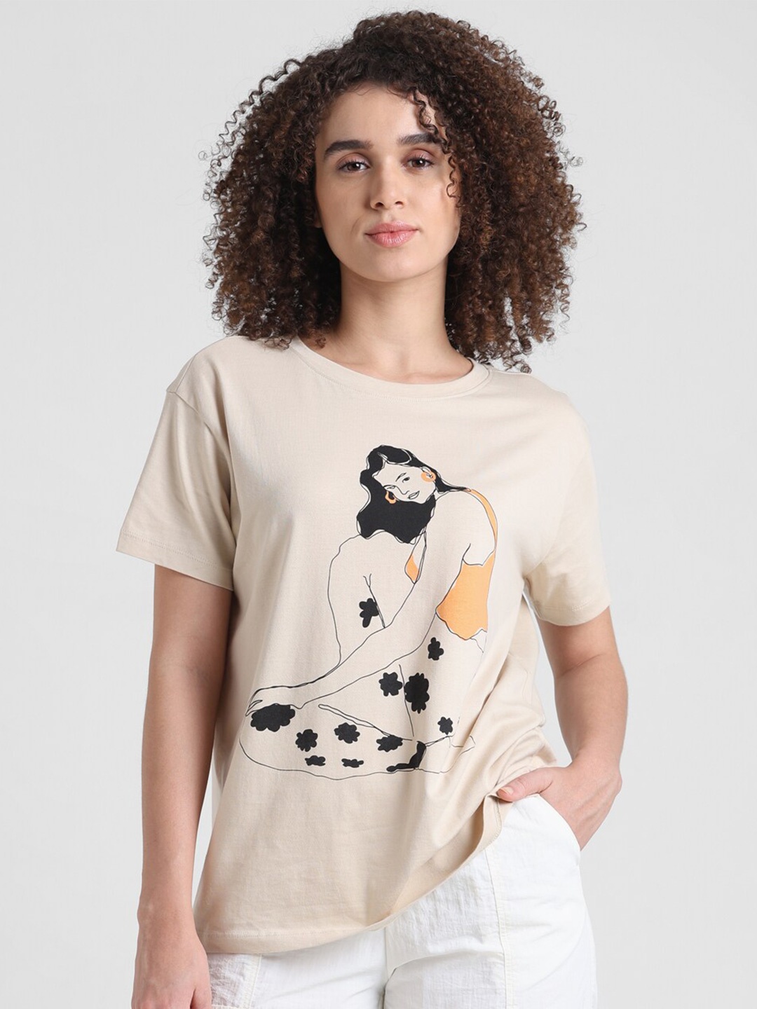

ONLY Graphic Printed Round Neck Pure Cotton T-shirt, Beige