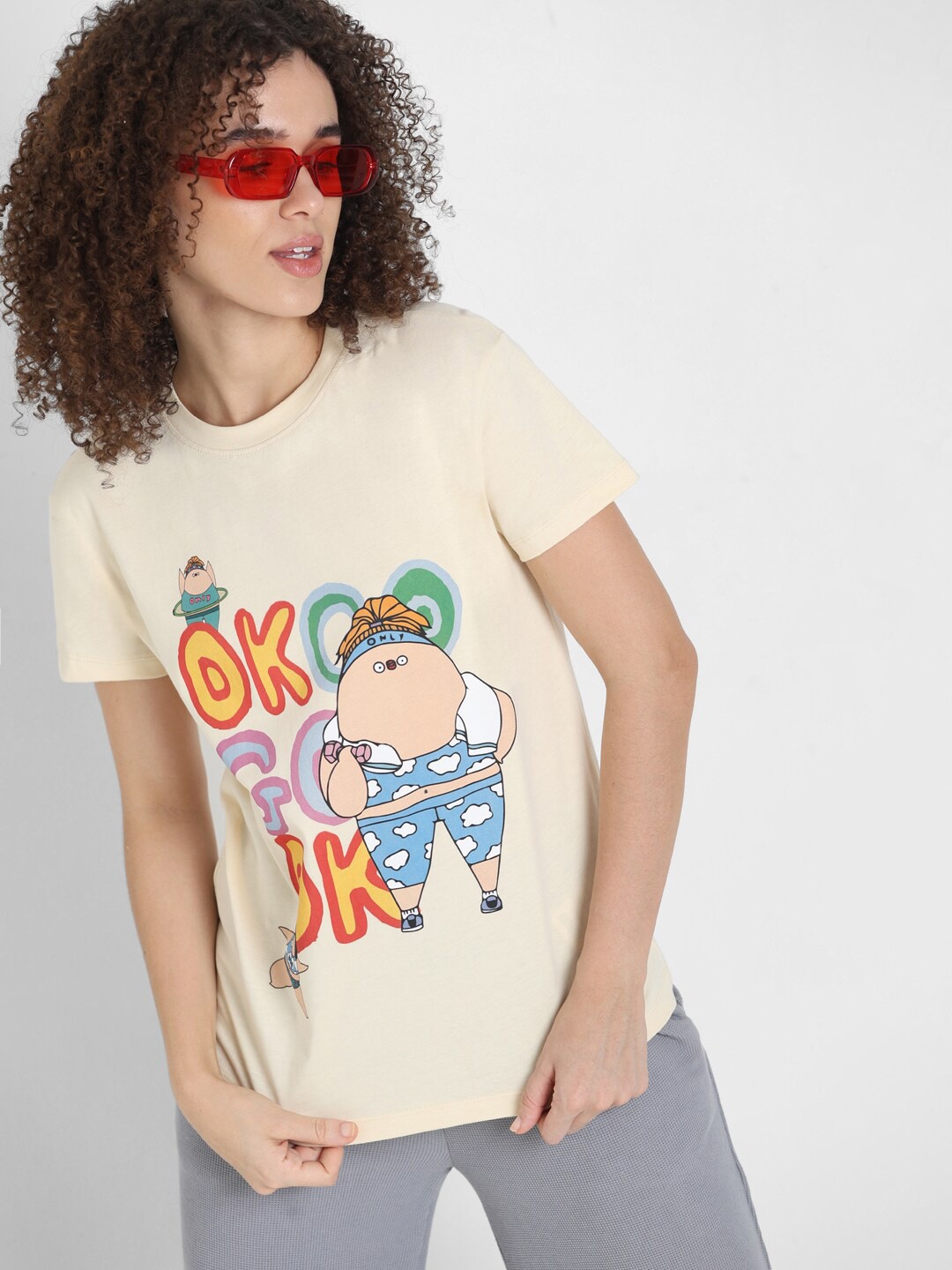 ONLY Graphic Printed Round Neck Pure Cotton T-shirt, Cream