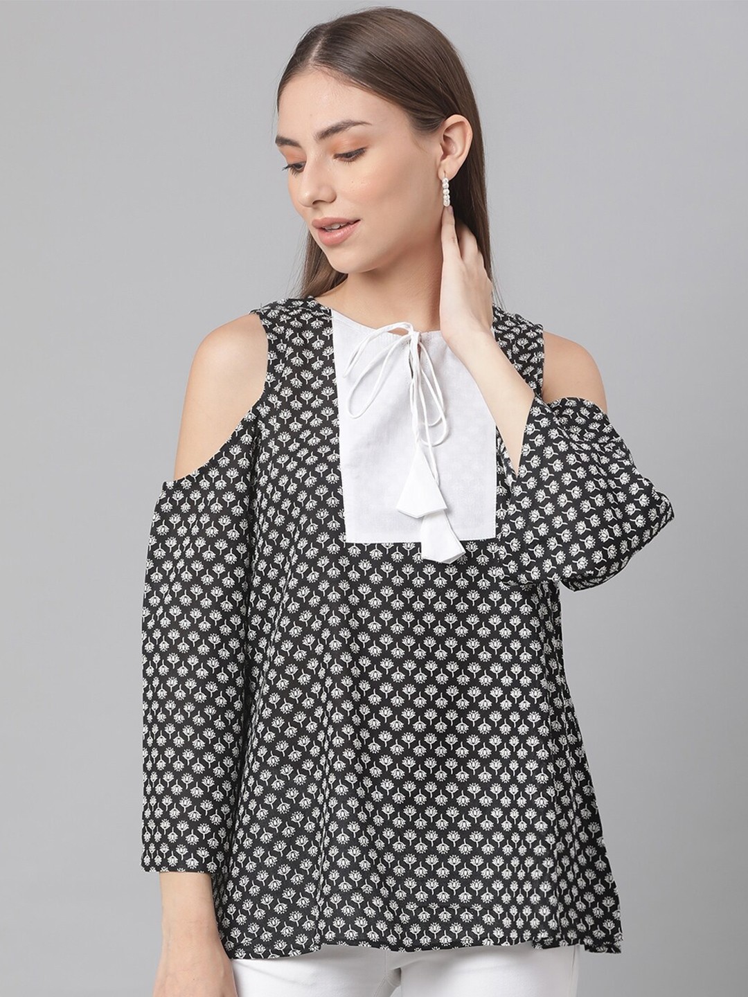 

KALINI Ethnic Motifs Printed Cold-Shoulder Sleeves Cotton Top, Black