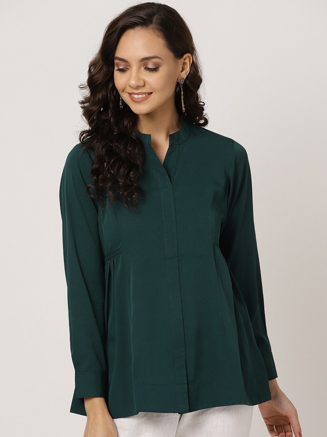 

KALINI Mandarin Collar Cuffed Sleeves Side Gathered or Pleated Top, Green