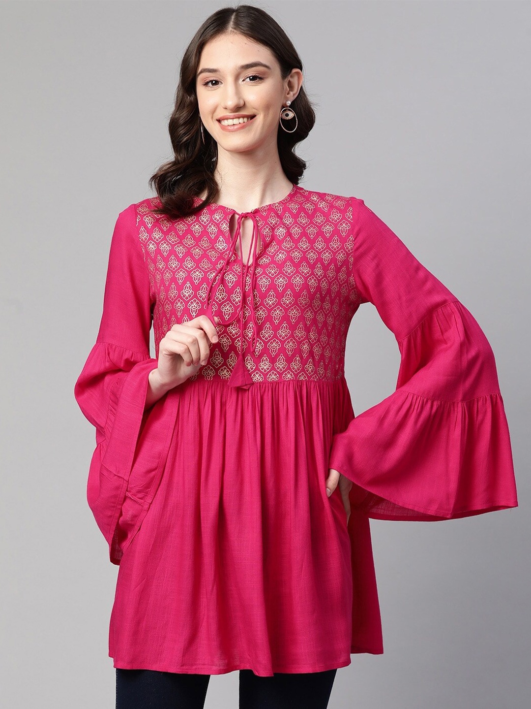 

KALINI Ethnic Motifs Embroidered Tie-Up Neck Bell Sleeve Cotton A-Line Tunic, Pink