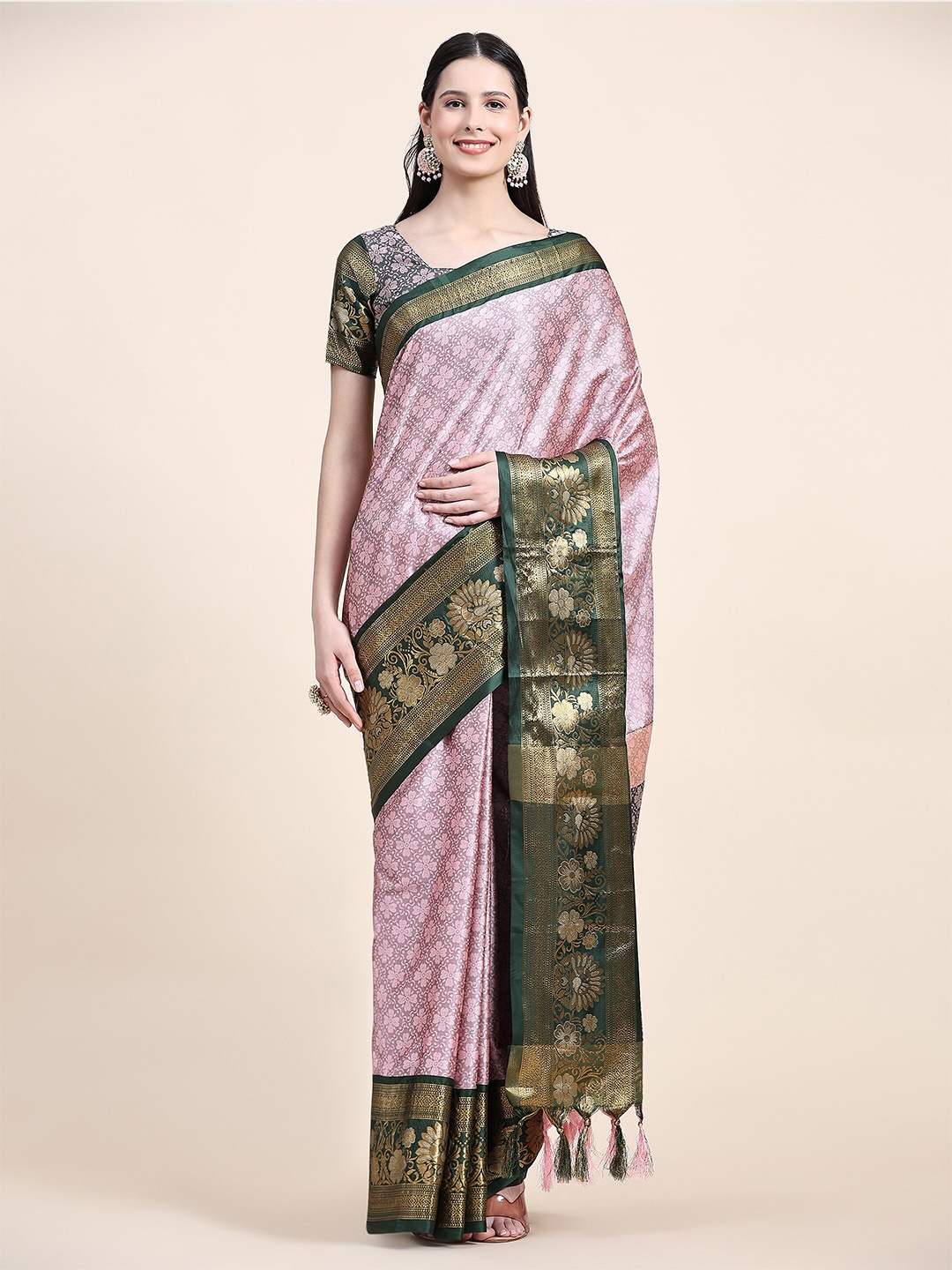 

Ekta Textiles Ethnic Motifs Woven Design Zari Silk Cotton Banarasi Saree, Pink