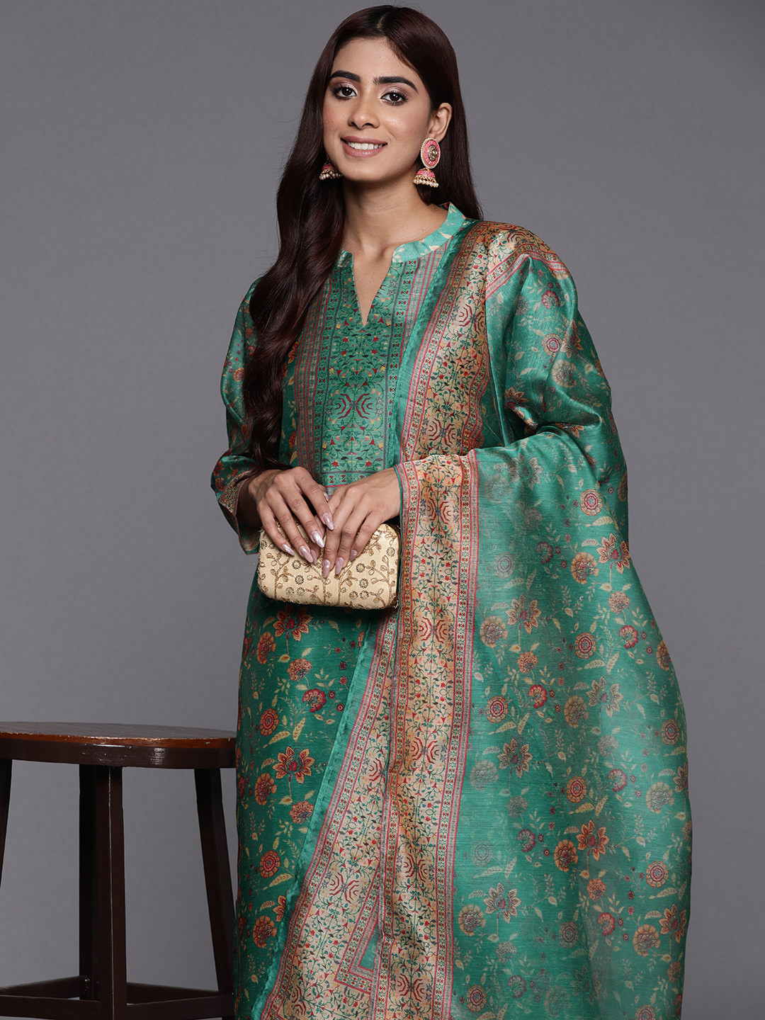 

Varanga Women Floral Printed Regular Chanderi Silk Kurta with Trousers & Dupatta, Green