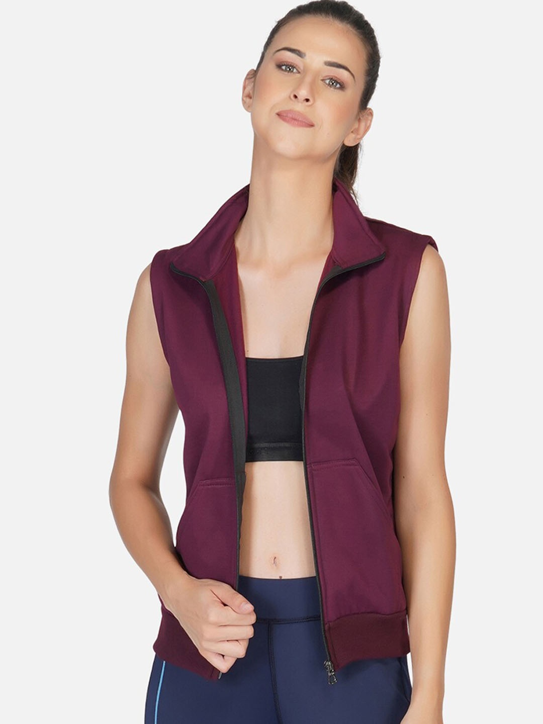 

UZARUS Sleeveless Lightweight Spread Cotton Fleece Sporty Jacket, Burgundy