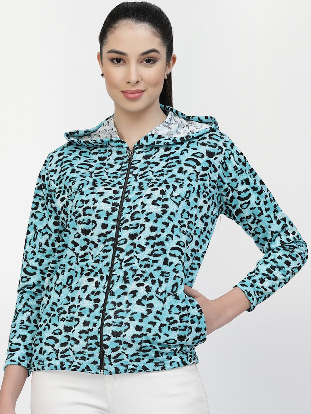 

UZARUS Animal Printed Hooded Lightweight Sporty Jacket, Teal