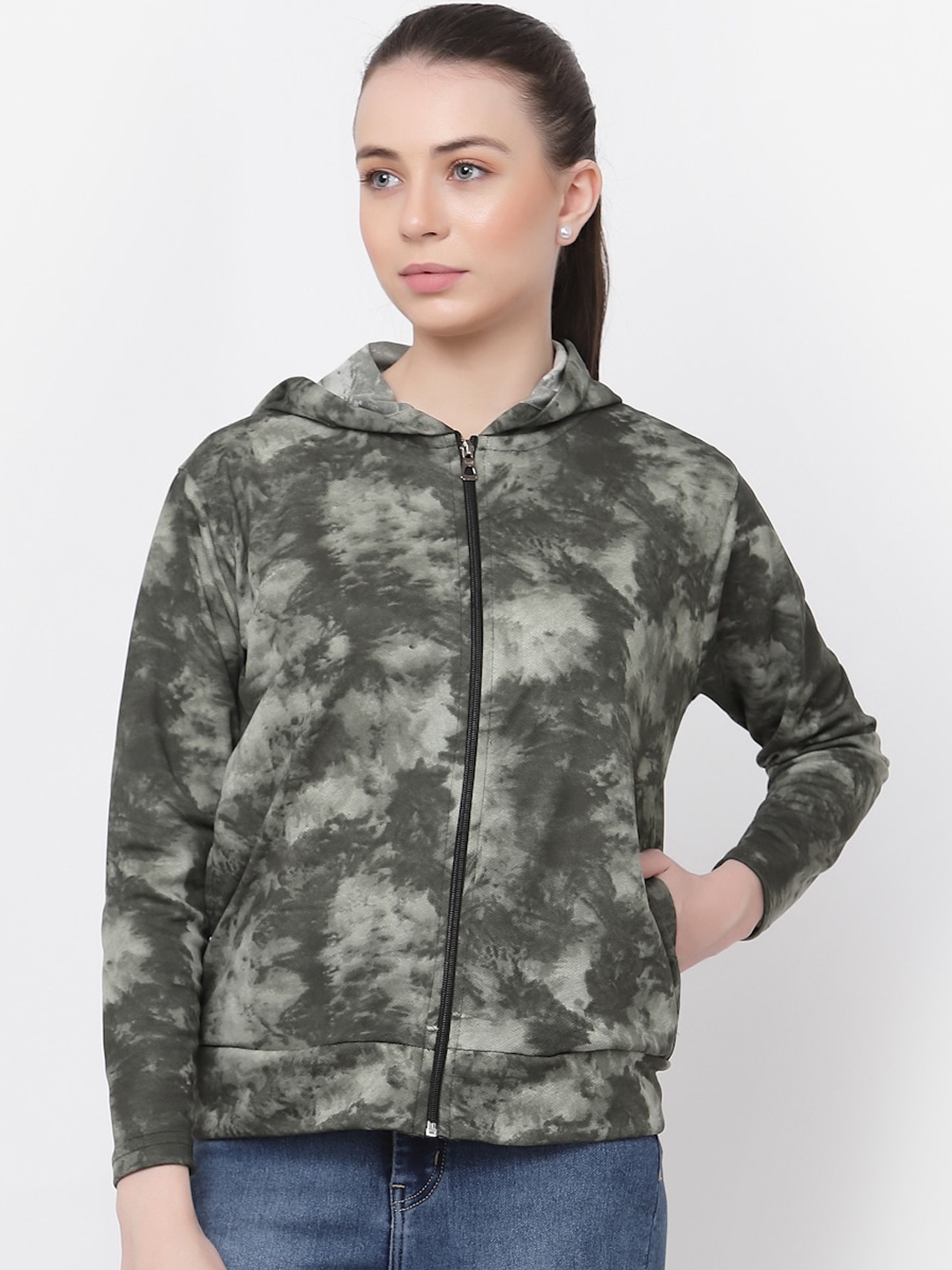 

UZARUS Abstract Printed Hooded Cotton Lightweight Jacket, Green