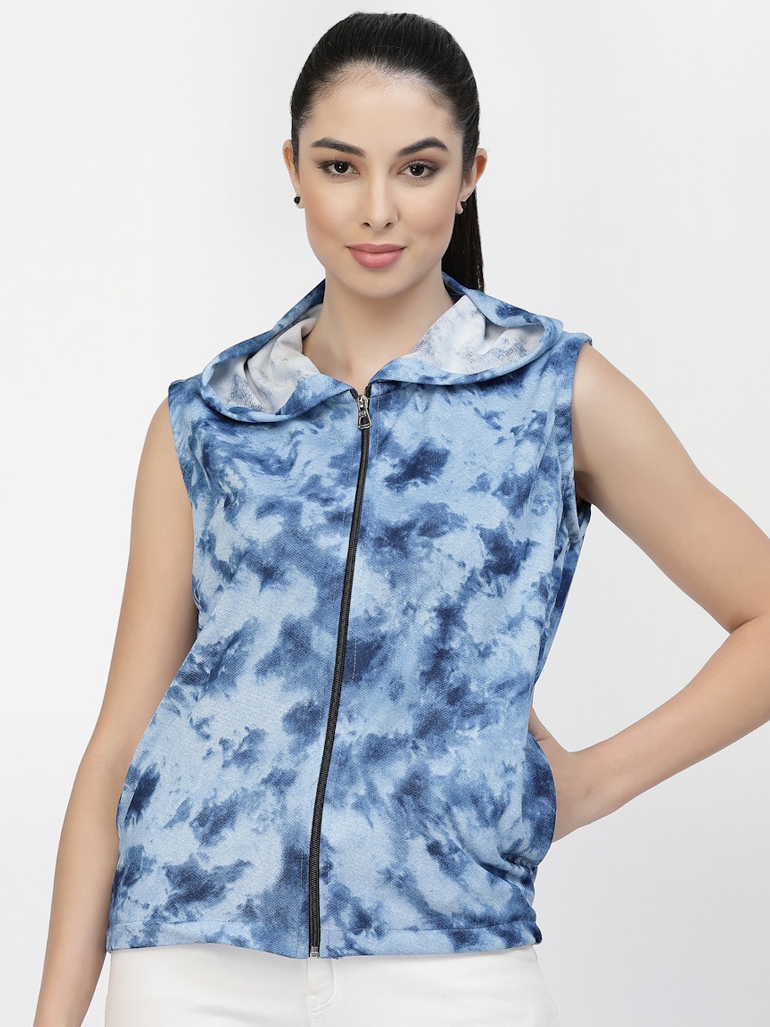 

UZARUS Abstract Printed Lightweight Sleeveless Hood Tailored Jacket, Blue