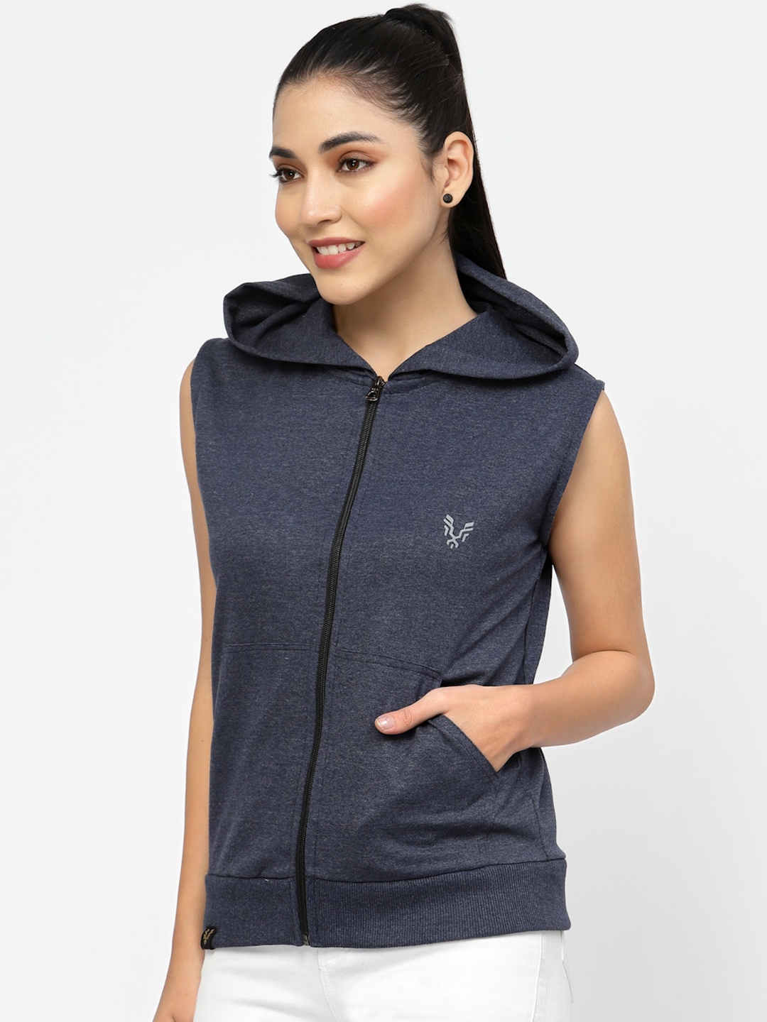 

UZARUS Hooded Sleeveless Cotton Bomber Jacket, Navy blue