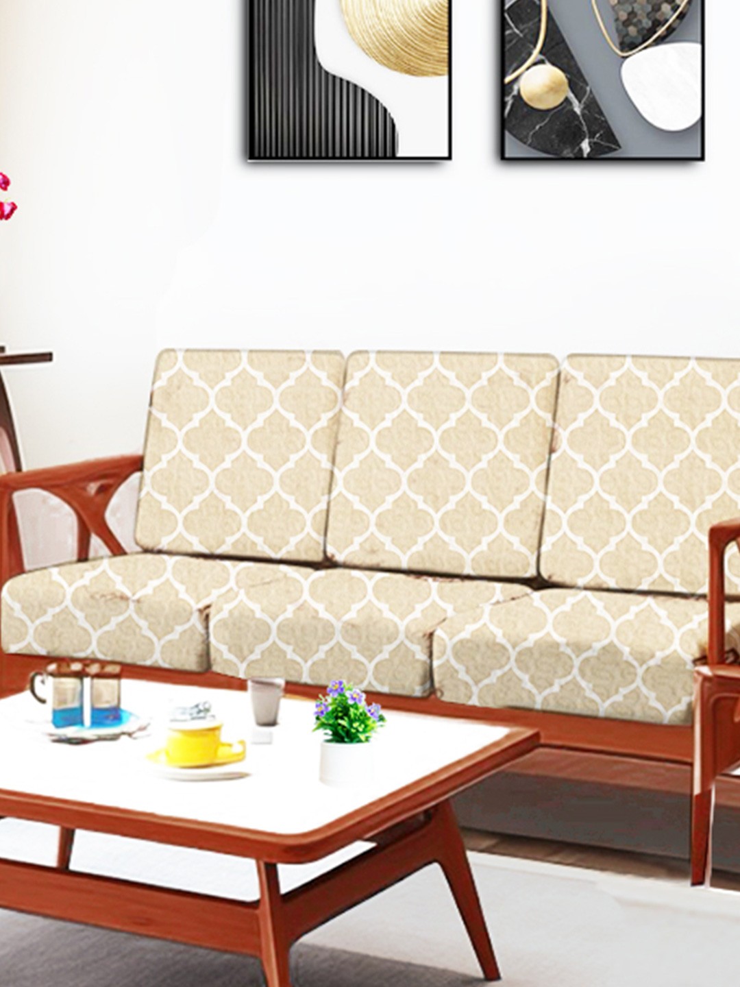 

ohello 6 Pcs Textured Beige Stretchable Elasticated Printed Polyester Sofa Seat Covers