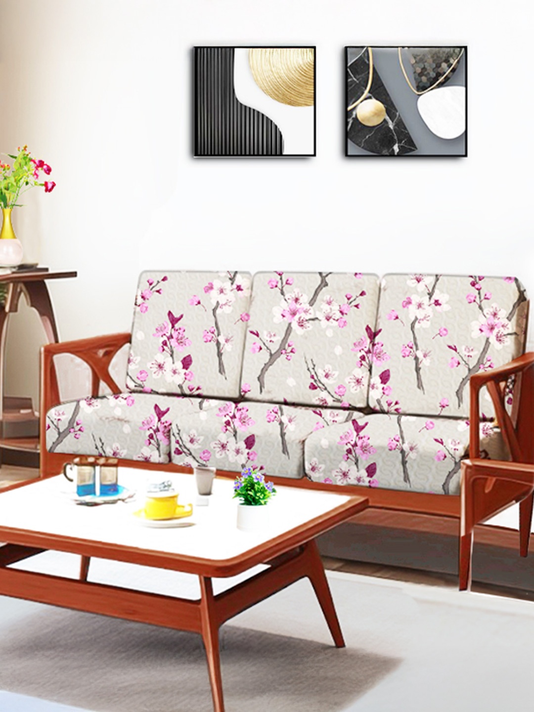 

ohello 6 Pcs Grey & Pink Stretchable Elasticated Printed Polyester Sofa Seat Covers