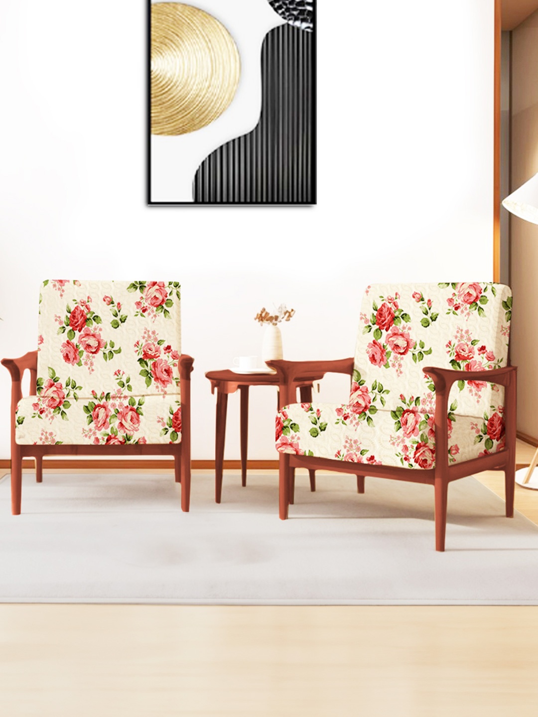 

ohello 4 Pcs Cream & Red Stretchable Elasticated Printed Polyester Sofa Seat Covers
