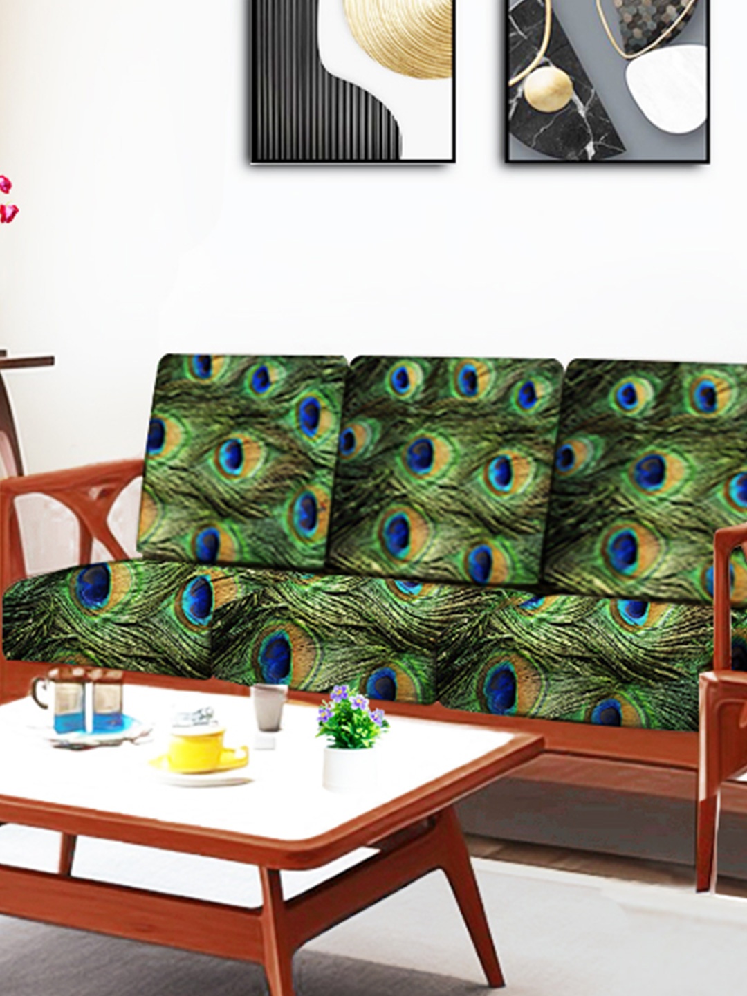 

ohello 6 Pcs Blue & Green Stretchable Elasticated Printed Polyester Sofa Seat Covers