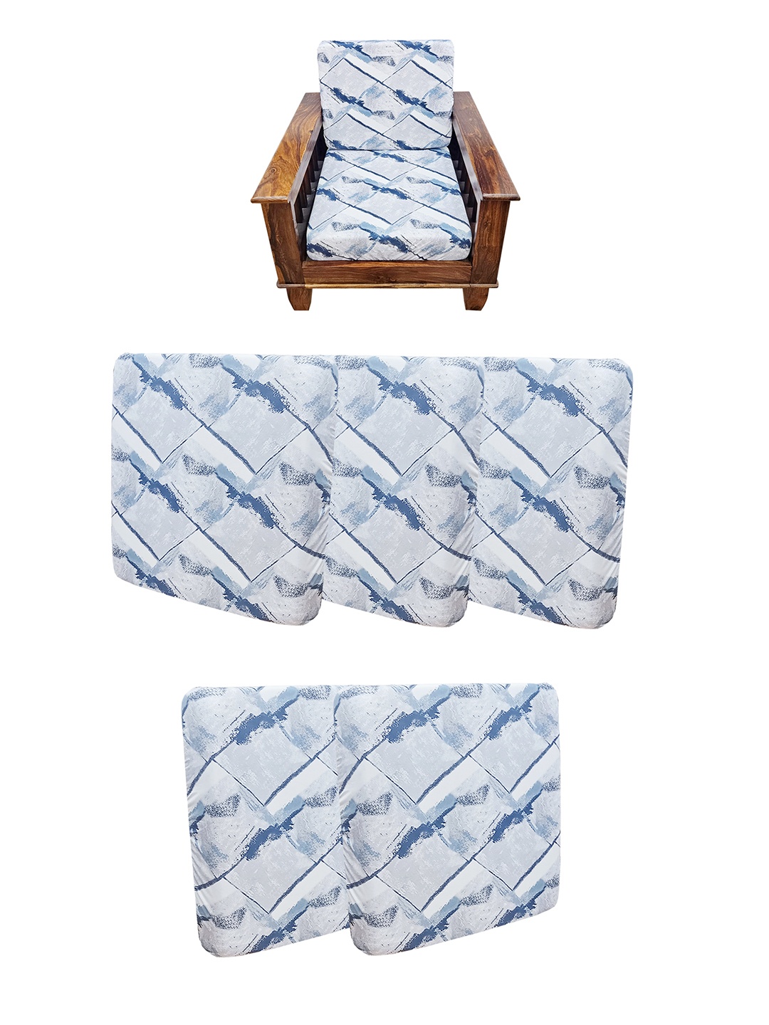 

ohello 5 Pcs Blue & Grey Stretchable Elasticated Printed Polyester Sofa Seat Covers