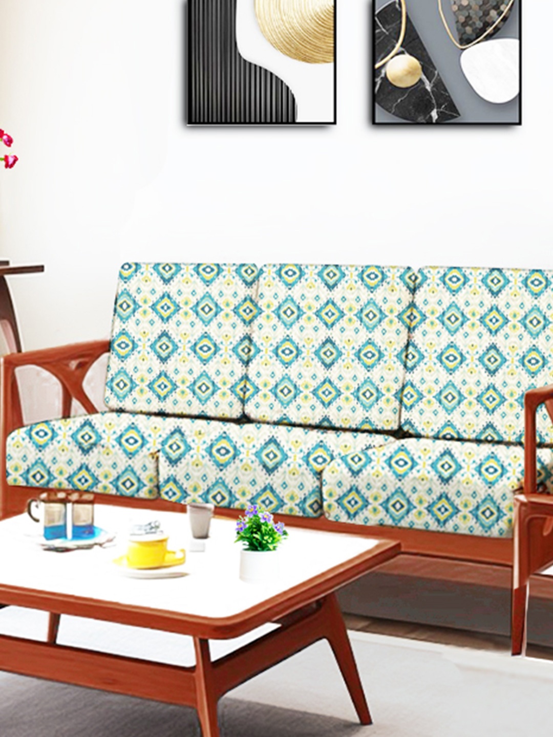 

ohello 6 Pcs Green & White Stretchable Elasticated Printed Polyester Sofa Seat Covers